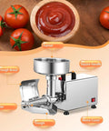 Heavy Duty Commercial Electric Tomato Strainer With Stainless Steel Food Press for quick puree extraction with funnel and filter.