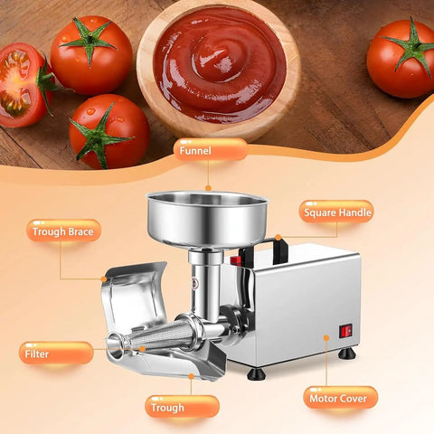 Heavy Duty Commercial Electric Tomato Strainer With Stainless Steel Food Press for quick puree extraction with funnel and filter.