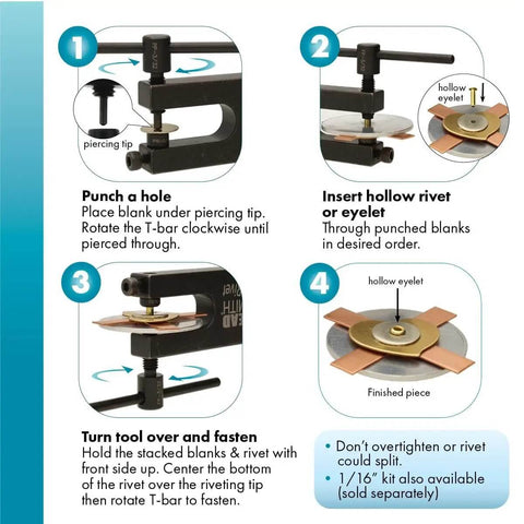 Step-by-step guide using EZ Rivet Piercing And Flaring Kit Maker Friendly With Three Thirty Second Inch T Bar Screws.