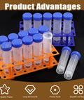 28 Well Plastic Test Tube Rack Kit With Detachable Stand And Blue Orange Rack Includes 25 Pieces Of 50ml Flat Bottom Centrifuge Tubes With Screw Caps Graduated Non Pyrogenic Tubes For Precise Lab Work And Safe Storage shown with blue and orange racks
