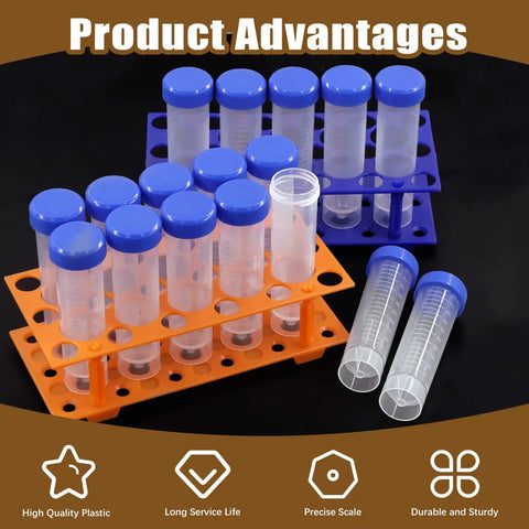 28 Well Plastic Test Tube Rack Kit With Detachable Stand And Blue Orange Rack Includes 25 Pieces Of 50ml Flat Bottom Centrifuge Tubes With Screw Caps Graduated Non Pyrogenic Tubes For Precise Lab Work And Safe Storage shown with blue and orange racks