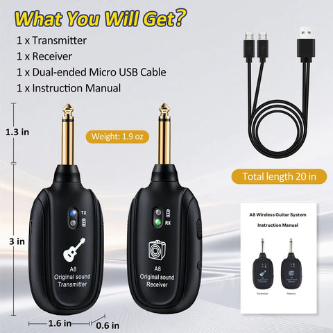 2.4GHz Wireless Guitar Transmitter And Receiver System with cables and manual