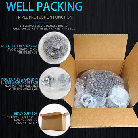 Open box with Trioled well packing showing Trailer Hub Kit 6 Lug 5.5 Inch Pre Lubed and Installed for 5200-6000 Lb Axles, wrapped in bubble.