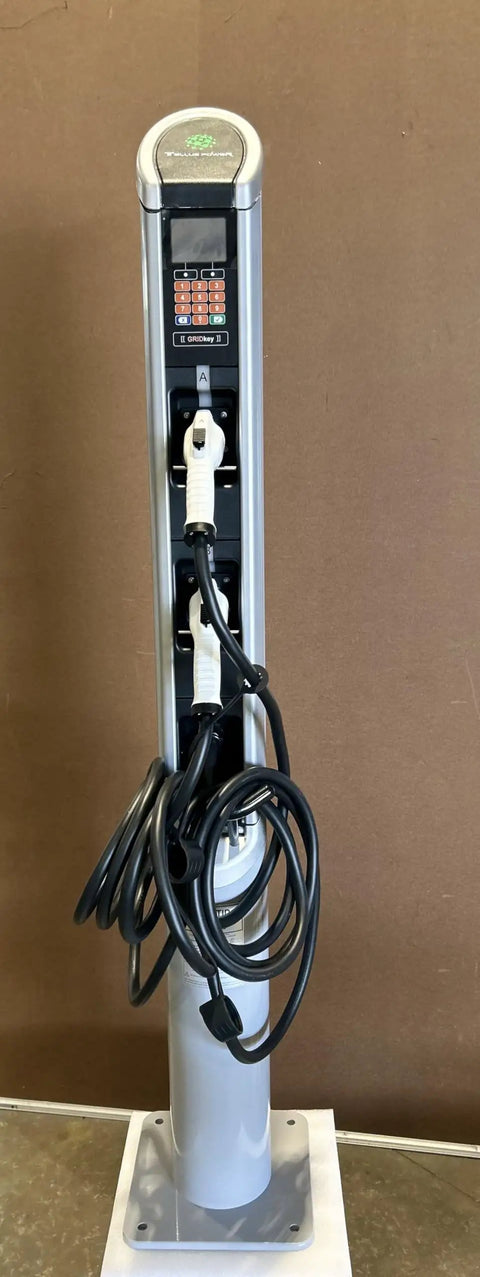 Silver dual-port charging stand of Dual Port Level 2 EV Charger 240V 30A Plug In For Two Electric Vehicles Fast Home Charging Station No Software Or Warranty Included Surplus Out The Door