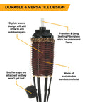 Close-up of burnt sienna weave style bamboo outdoor torches with fiberglass wicks, metal container, 57 inch tall, 16 oz fuel canister.