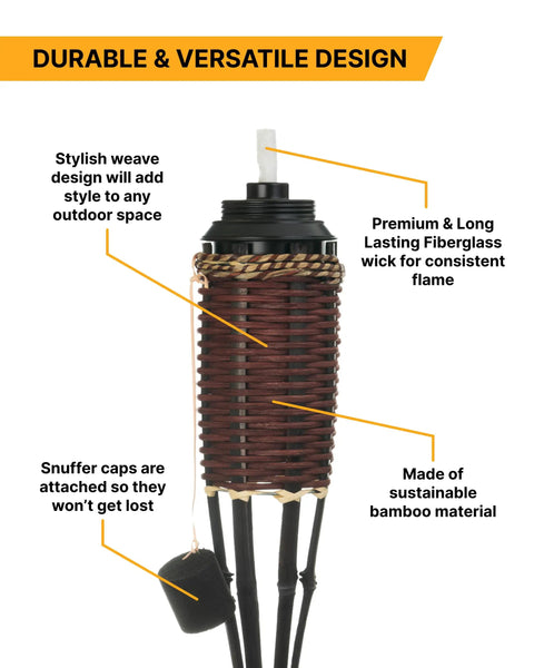 Close-up of burnt sienna weave style bamboo outdoor torches with fiberglass wicks, metal container, 57 inch tall, 16 oz fuel canister.