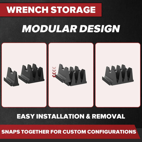 40 Piece Modular Wrench Organizer Set For Drawer Storage With Metric And SAE Labels, shown in modular design setup.