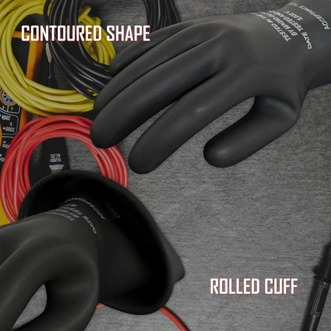Pro Grade Rubber Electrical Safety Gloves Class 0 Up To 1000 VAC And 1500 VDC Size 8 contoured shape and rolled cuff