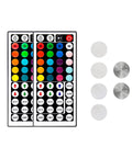 Two Pack 44 Key IR Remote Control for RGB LED Strip Lights with batteries and hook loop tape shown