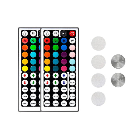 Two Pack 44 Key IR Remote Control for RGB LED Strip Lights with batteries and hook loop tape shown