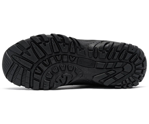 Sole view of Steel Toe Boots For Men Work Shoes With Puncture Resistant Plate And ASTM F2413 18 Safety Standard, size 8 UK black color.