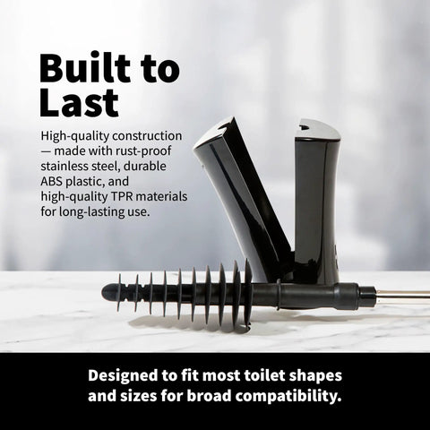 Revolutionary Toilet Plunger And Squeegee Combo With Stainless Steel Handle And Caddy Holder, Black, on bathroom surface