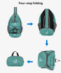 Four-step folding of green Packable Small Crossbody Sling Backpack for Hiking and Travel, Lightweight Water Resistant Daypack