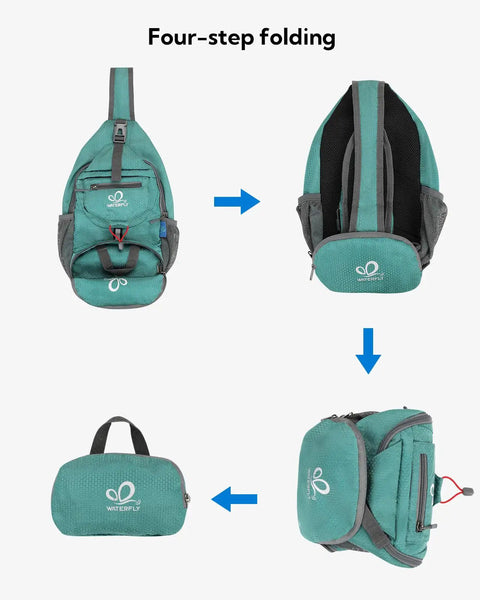 Four-step folding of green Packable Small Crossbody Sling Backpack for Hiking and Travel, Lightweight Water Resistant Daypack