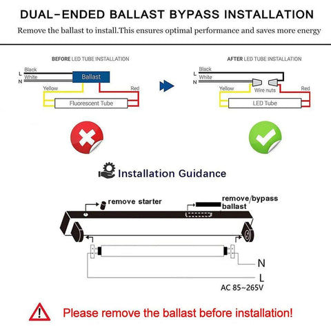 Installation diagram for 2 Foot LED Light Tube Replacement For T8 T10 T12 Fluorescent Lamps with ballast bypass instructions