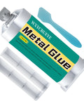 Metal Glue epoxy adhesive tube with teal label and blue plastic spatula.