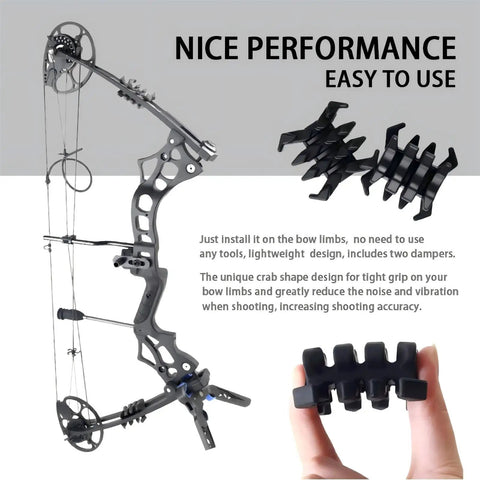 Archery Noise Dampeners For Compound Bow And Crossbow, 2 Pack Split Limb Stabilizers shown with bow and close-up view