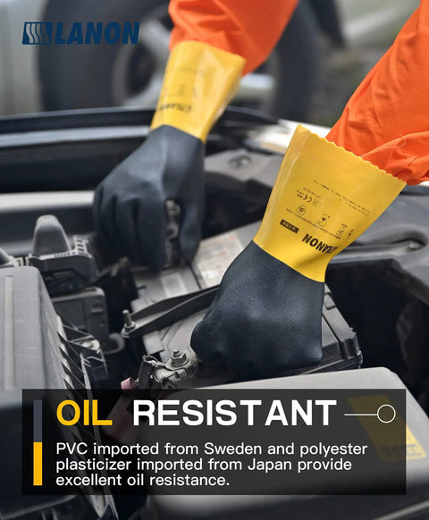 Person wearing Thick PVC Chemical Gloves For Heavy Duty Work Non Slip Grippy Dexterity Acid Alkali And Oil Resistant EN 374 388 Certified Large Size Durable Rubber Construction Built For Tough Jobs And Reusable handling car battery.