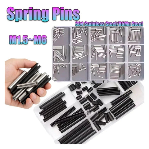 Spring Pins Assortment Kit M1.5 To M6 In 65Mn And 304 Stainless Steel Heavy Duty Dowel Pins Roll Pins Slotted Split Open Pins