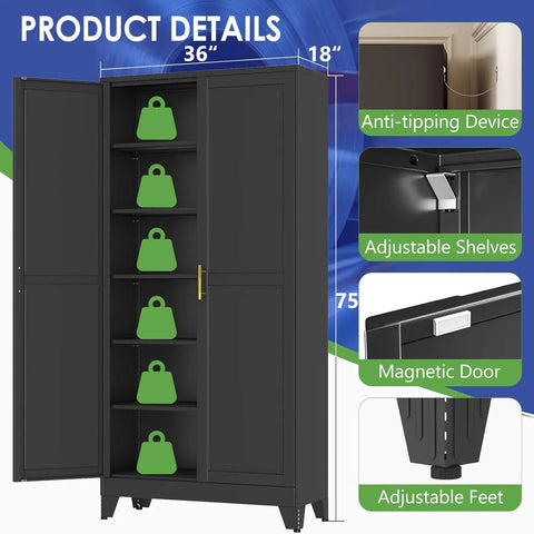 Heavy Duty Metal Garage Storage Cabinet With Two Doors And Five Adjustable Shelves, 75 Inch H X 36 Inch W X 18 Inch D, Steel Tool Cabinet For Home Office Garage Warehouse, Black open view with anti-tipping device