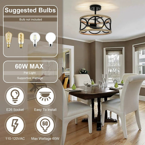 Dining room with 2 Light Farmhouse Semi Flush Mount Ceiling Light Fixture With Open Drum Frame In Rustic Brown Finish 12.8 Inch.