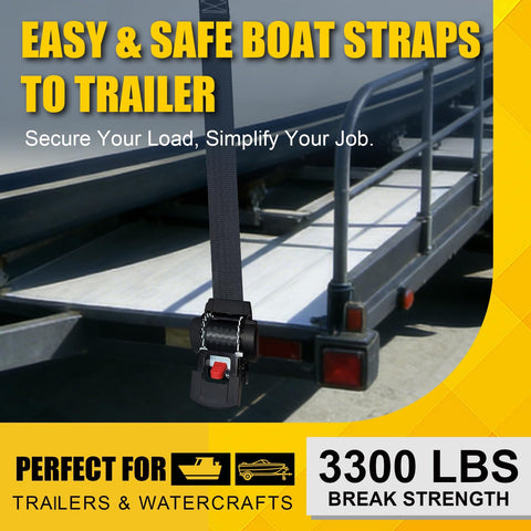 Beefy Heavy Duty Retractable Ratchet Strap Set 2 Inch By 6 Feet 2 Pack Bolt On Tie Downs For Trailers Boats Jet Skis And Motorcycles 3300 Lbs Break Strength Safe Quick Release Hauling securing a boat on a trailer.