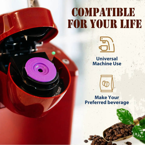 Stainless Steel Refillable K Cup placed in red brewer, Eco Friendly Mesh Filter Pods Pack Of 4, detailed view of coffee setup