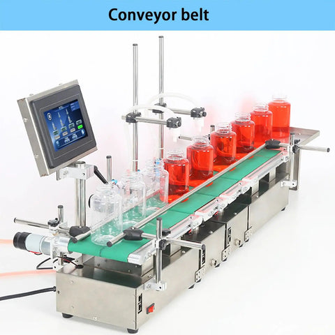 Compact Automatic Liquid Filling Machine With Conveyor Belt And Smart Dual Nozzles For Smooth Bottling Perfumes Spirits Cooking Oil No Sweat Digital Calibration with bottles on conveyor.