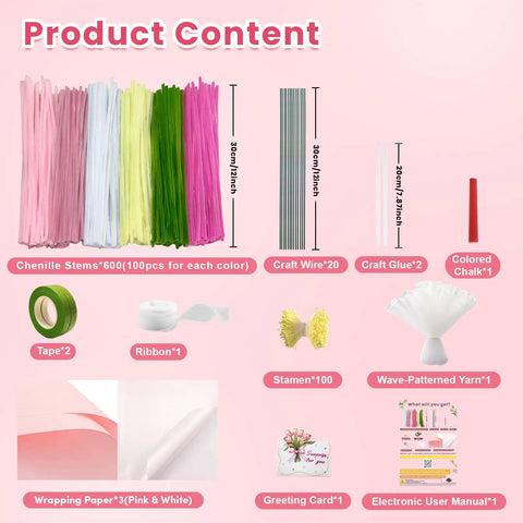 All-Inclusive 600 Piece Pipe Cleaners Craft Kit with chenille stems, wires, tape, stamens, ribbon, wrapping paper, and greeting card.