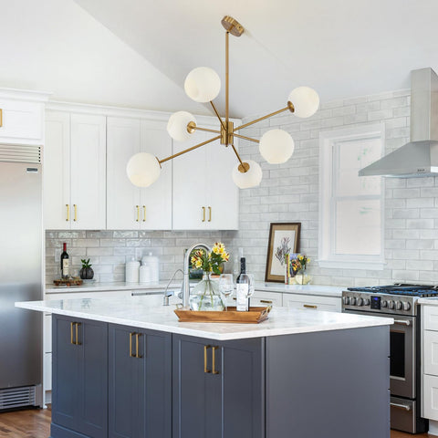 Six Light Modern Sputnik Chandelier Set With Milk Glass Globes For Kitchen Island Pendant Lighting In Gold White Brushed Brass Finish