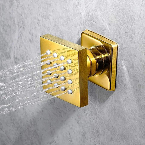 Top Shelf Thermostatic Shower System With Bumpin Bluetooth Music And Lit 64 Color LED Display Concealed PVD Gold Trim Kit featuring brass valve and multiple jets.