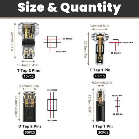 Size and quantity diagram of Solid As A Rock Solderless Wire Connectors Kit For 18 To 22 Awg with detailed dimensions.