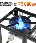 Single Burner Propane Stove With Foldable Side Shelf And 75000 BTU Heat, showcasing blue flame and heat output feature