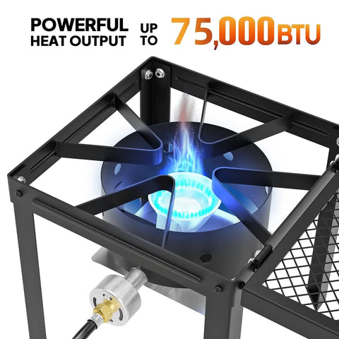 Single Burner Propane Stove With Foldable Side Shelf And 75000 BTU Heat, showcasing blue flame and heat output feature