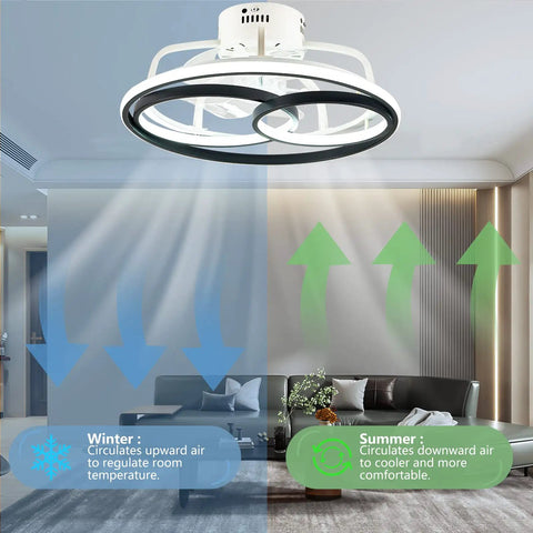 Flush Mount Ceiling Fan With Lights 19.69 Inch in living room showing air circulation for winter and summer modes.