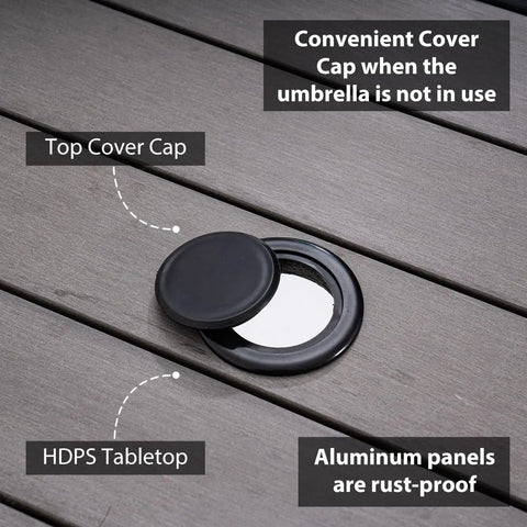 All Weather Outdoor Umbrella Stand Table With Two Weight Bags 22 Inch Wicker Side Table With Umbrella Hole Sturdy Rattan Base For Deck Yard Poolside Porch Brown showing top cover cap on HDPS tabletop.