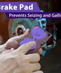 Applying Extreme Temp Ceramic Brake Caliper Lubricant to brake pad, preventing seizing and galling, extends brake life.