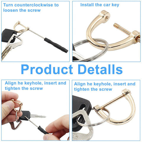 Heavy Duty Gold U Shape D Ring Screw Eyes 15 Pack Rust Resistant Alloy Strap Hardware For Bags Saddlery And Rigging Snap On Hassle Free Rock Solid Gear Upgrade installation steps with key and screw in four images.