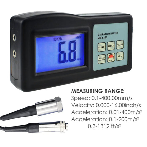Hella Reliable Digital Vibration Meter Gauge And Analyzer For Heavy Industrial Machinery handheld device showing measurement values and functions.