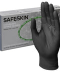 Front view of SafeSkin Ultralight nitrile gloves box with a black X-Large glove, 100 count, powder-free