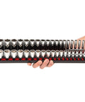 Person holding 3/8 Inch Drive 6 Point Socket Set With Rails, 68 Piece, Includes Shallow And Deep Sockets From One Quarter To One Inch And Six To Twenty Four Millimeters, SAE And Metric For Auto And DIY Projects on a black rail.