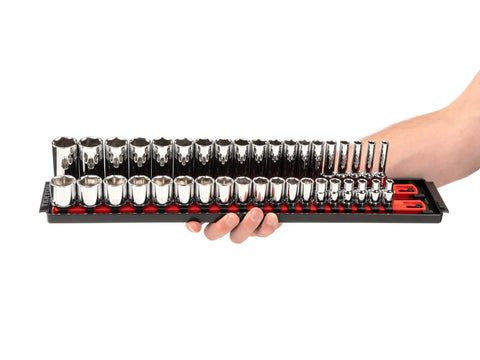 Person holding 3/8 Inch Drive 6 Point Socket Set With Rails, 68 Piece, Includes Shallow And Deep Sockets From One Quarter To One Inch And Six To Twenty Four Millimeters, SAE And Metric For Auto And DIY Projects on a black rail.