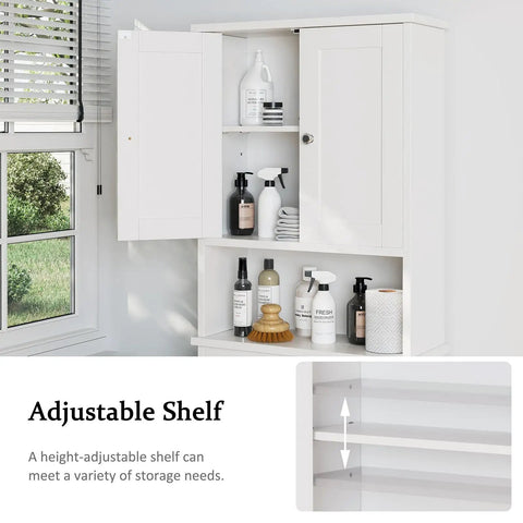 Top Shelf Over The Toilet Storage Cabinet with adjustable shelf and toiletries in moisture resistant white finish.