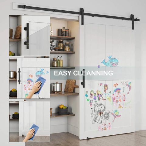 42 By 84 Inch Sliding Barn Door With Seven Foot Hardware Kit And Handle, Floor Guides, Pre Drilled Holes, Easy Assembly, Waterproof PVC Surface, H Frame, White Finish, DIY Friendly Installation Manual Included, shown in a kitchen setting