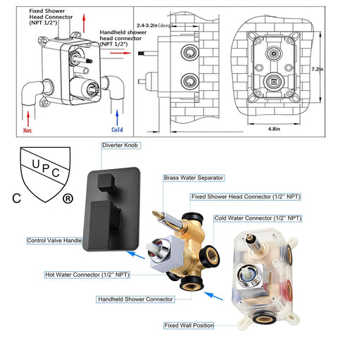 Details of Matte Black All-In-One Shower System With 12-Inch LED Square Rain Shower Head And Handheld Spray, wall mounting diagram