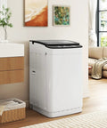 Thirty Pounds Full Automatic Portable Washing Machine Compact Washer Spin Dryer Combo With Led Screen And Self Draining Pump in a stylish apartment setting.