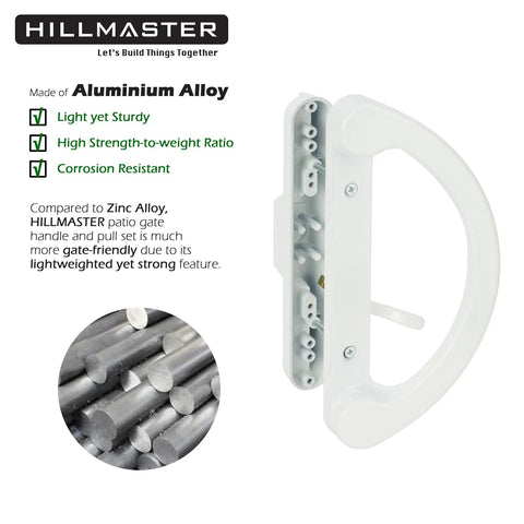 Rock Solid Sliding Glass Door Handle Replacement Set Featuring Reversible Mortise Design And Smooth Nonkeyed Operation In Crisp White Diecast Finish showcasing aluminum alloy construction.