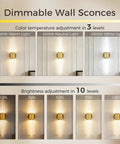 Battery Operated Wall Sconces Set Of 2 In Gold, Wireless Magnetic LED Wall Lights showing dimmable color and brightness levels