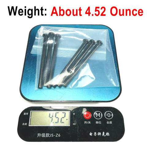 Top Shelf 3.5 Inch Interior Door Hinge Pins Slick Black Oil Rubbed Bronze Replacement Screws Six Pack on scale weighing 4.52 ounces.