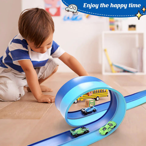 Child playing with Flexible Race Car Track 15 Ft Starter Set With Suction Cups Compatible With Diecast 1/64 Scale Cars.